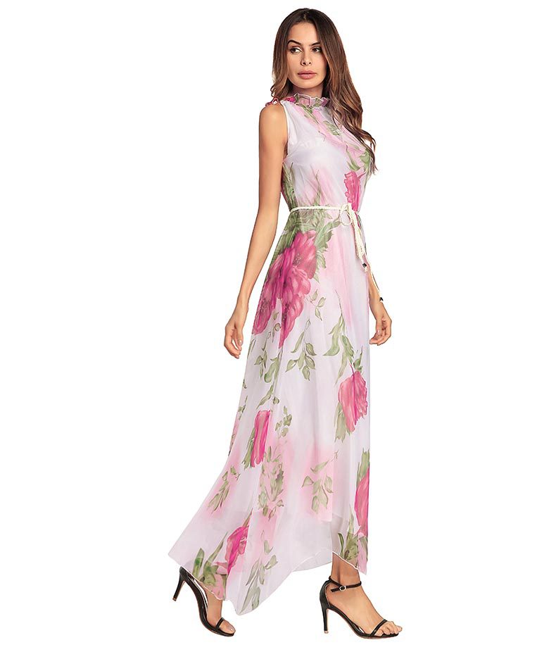 SZ60137 Pink Floral Printed Halter Maxi Dress